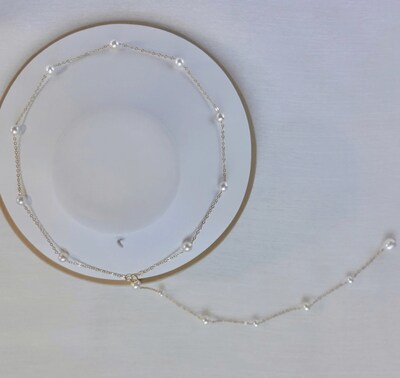 Freshwater Pearl Station Bridal Back Necklace | Pearl Tincup Backdrop Wedding Necklace | Wedding Y Necklace - image1